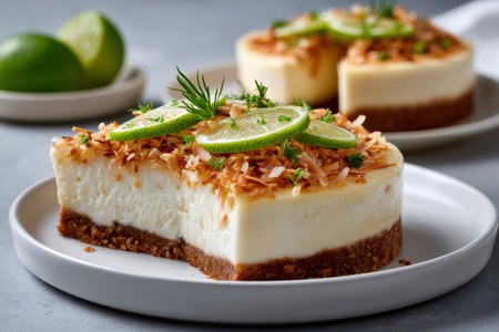 Cheesecake slice presenting crunchy toasted coconut and fresh lime garnishの素材