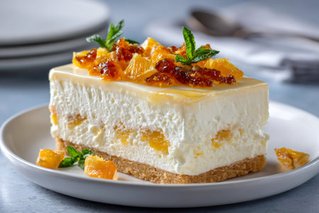 Cheesecake slice presenting creamy texture, orange pieces, and candied peel with fresh mintの素材