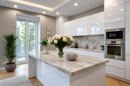 Bright kitchen interior showcasing elegant design, white flowers, and natural lightの素材
