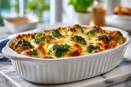 Broccoli and cheese casserole gratin served on a marble tray in a kitchen settingの素材