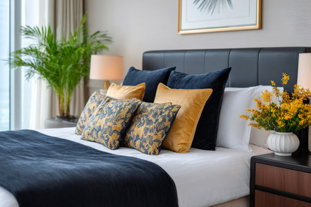 Bedroom interior details featuring a comfortable bed with decorative pillows and bedside tableの素材
