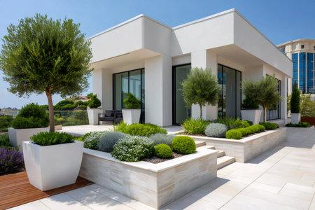 Contemporary rooftop terrace showcasing a serene garden with various plants and architecture, creating a luxury patioの素材