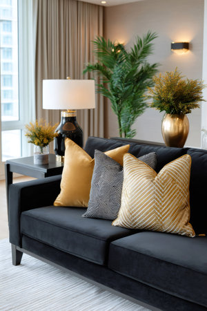Modern living room displaying a luxurious black velvet sofa with decorative gold and patterned pillowsの素材