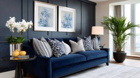 Modern living room interior featuring a blue velvet sofa, wall paneling, and decorative houseplantsの素材