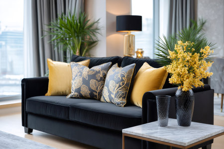 Modern living room interior featuring a black sofa, yellow and gray pillows, and golden decorの素材