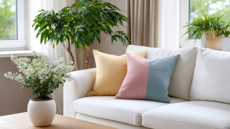 Living room interior featuring a white sofa with pastel cushions and various green houseplantsの素材