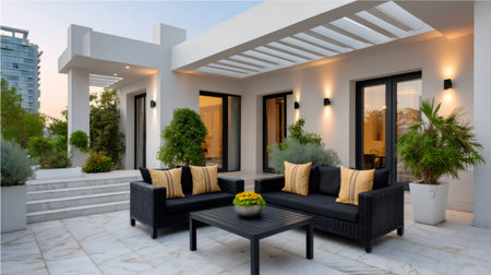 Outdoor patio area connecting modern house with comfortable wicker sofa and plantsの素材