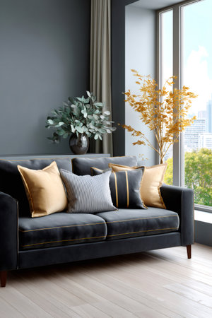 Dark gray sofa featuring accent pillows in a modern living room setting with large windowの素材