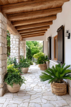 Rustic private patio of a Mediterranean house with stone walls and potted plantsの素材