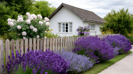 White cottage standing in a blooming garden with lavender bushes, roses, and a rustic wooden fenceの素材