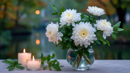 White chrysanthemums in a glass vase with burning candles creating a serene atmosphereの素材