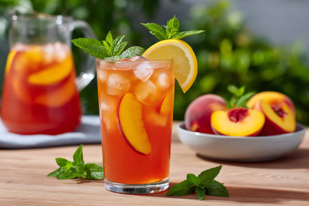 Peach iced tea cooling summer beverage with fresh mint, lemon, and ice cubes on a wooden tableの素材
