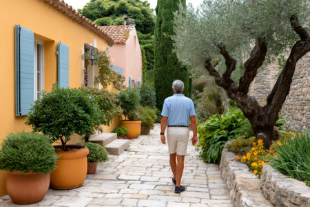 Senior man walking on a stone path next to a colorful building and lush gardenの素材
