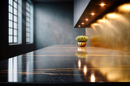 Modern kitchen interior featuring a black marble counter illuminated by warm lightsの素材