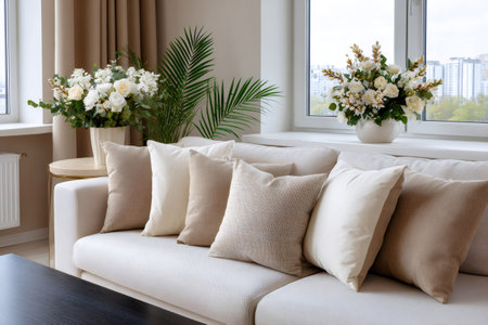 Bright living room interior featuring a sofa with neutral cushions and elegant flower arrangementsの素材