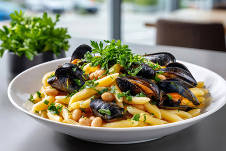 Plate of penne pasta with mussels and beans topped with fresh parsleyの素材