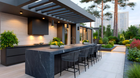 Exterior rendering of a contemporary outdoor kitchen with a large island and green plantsの素材
