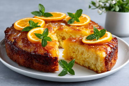 Orange cake with citrus glaze and fresh mint leaves on a white serving plateの素材