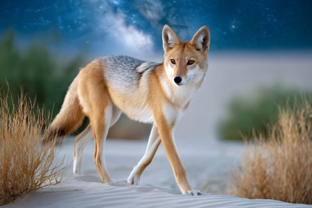 Coyote walking on sand dunes under a starry night sky in the desert wildernessの素材