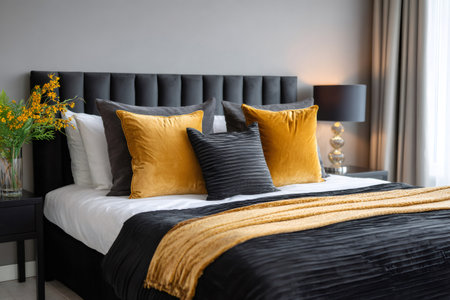 Bedroom interior showcasing comfort with dark and yellow velvet cushions on bedの素材