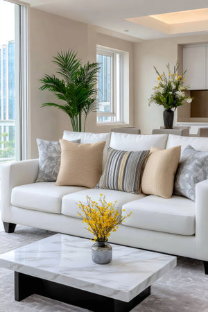 Bright living room showing a white sofa with pillows, a marble table, and potted plantsの素材