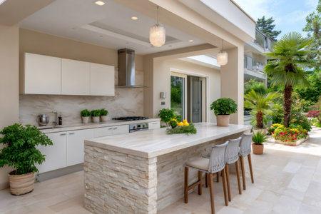 Luxurious outdoor kitchen featuring an island, gas stove, and comfortable bar seating on a patioの素材