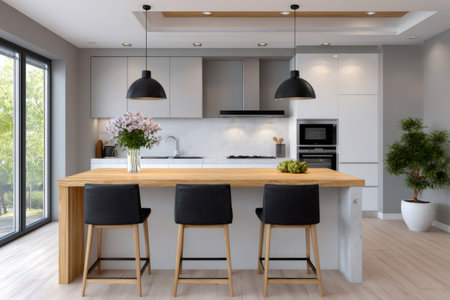 Clean minimalist kitchen interior with wooden island, white cupboards, and large windowの素材