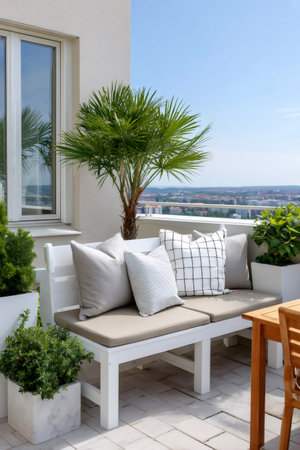 Balcony featuring comfortable outdoor bench with cushions and potted palm tree, overlooking cityの素材