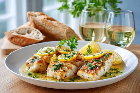 Seafood meal with baked fish, lemon slices, and fresh parsley in a white sauceの素材