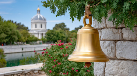 Golden bell hanging from cypress branch against blurred church dome and canalの素材