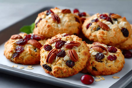 Homemade sweet oatmeal cookies with cranberries and pecans on a baking sheetの素材