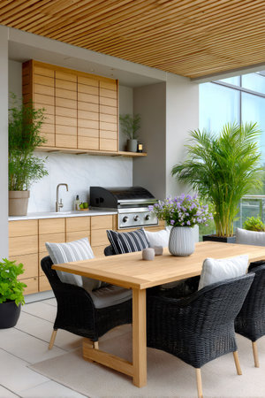 Contemporary outdoor kitchen and dining table on a balcony terrace with plants and stylish furnitureの素材