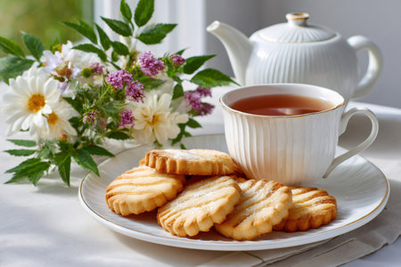 Afternoon tea setup featuring shortbread cookies on a plate with a cup of hot tea and fresh flowersの素材
