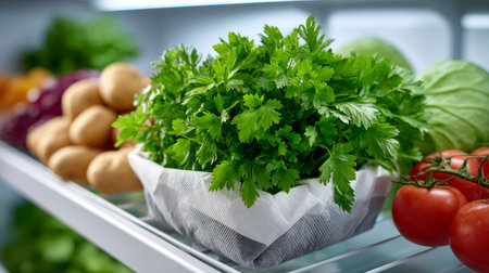 Fresh green parsley stored with various vegetables inside an open refrigeratorの素材