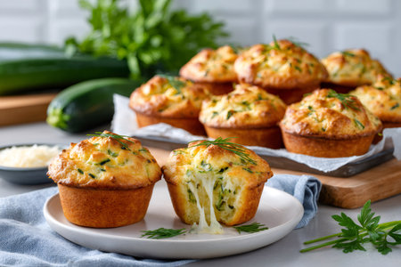 Zucchini cheese muffins displaying stretchy melted cheese on a white plate with fresh herbsの素材