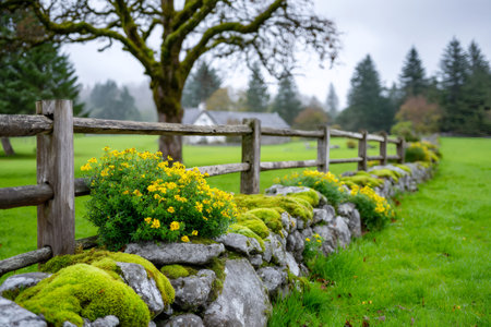 Countryside stone wall with wooden fence, moss, and yellow flowers in a green fieldの素材