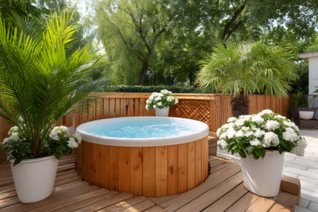 Hot tub with bubbling water on a wooden deck in a lush green backyard gardenの素材