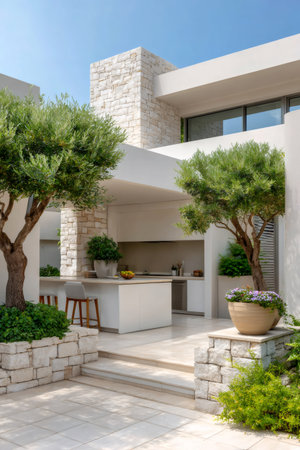 Modern outdoor kitchen featuring minimalist design, stone wall architecture, olive trees, and sunlit patioの素材