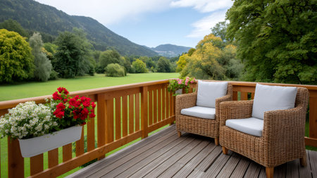 Wicker chairs on a wooden balcony enjoying a beautiful green mountain and forest viewの素材