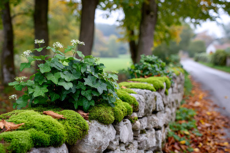 Ivy covering a stone wall with green moss and fallen leaves along a rural roadの素材