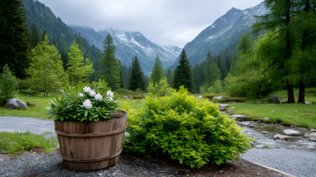 Wooden barrel with blooming rhododendron in a lush green mountain valleyの素材