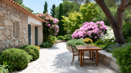Stone house with patio featuring a wooden table and flowering plants in a lush gardenの素材