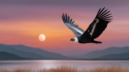 Condor bird soaring above a serene lake and mountains during a colorful sunset with the full moonの素材