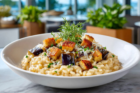 Risotto in a white bowl with eggplant, croutons, parmesan cheese, and rosemary on a marble tableの素材