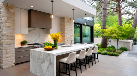 Sleek outdoor kitchen with a large marble island and integrated appliances, connecting to a lush green backyardの素材