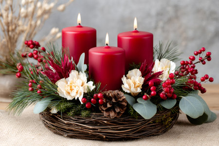 Advent wreath decorating a table, symbolizing Christmas and holiday traditionsの素材