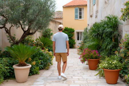 Man walking on a traditional stone path amidst lush plants and old buildingsの素材