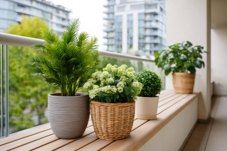 Green plants in pots creating a relaxing urban garden space on a modern building balconyの素材