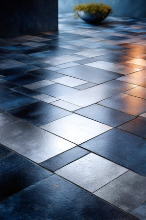 Floor with abstract geometric pattern of blue and silver shiny tiles reflecting lightの素材
