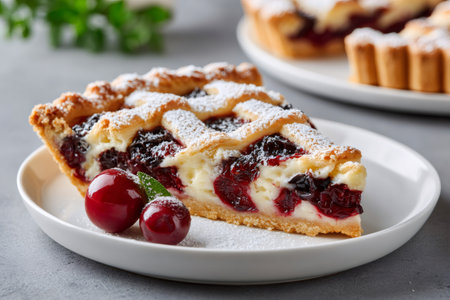 Slice of cherry pie with cream cheese filling, lattice crust, and powdered sugar on a white plateの素材